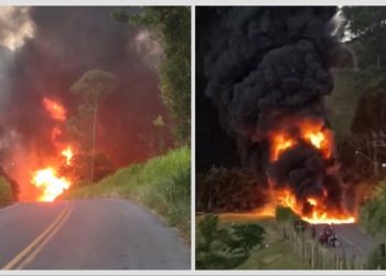 Armazém: caminhão carregado com combustível capota e pega fogo na SC-435