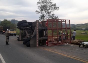 Carreta carregada com madeira tomba na SC-435 em Gravatal