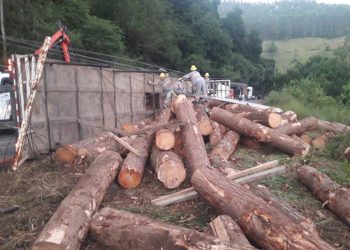 Caminhão de madeira tomba, derruba poste e deixa casal e bebê feridos