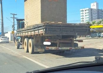 Caminhão é flagrado transportando banheiro de alvenaria na marginal da BR-101